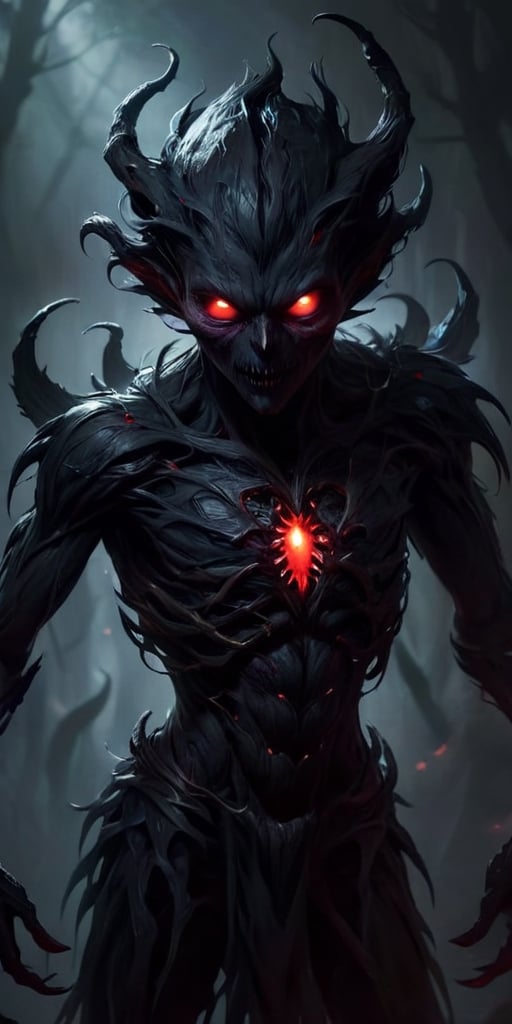 A creature that appears to be made entirely of shadow. It is humanoid in shape,  with long,  clawed fingers and glowing re...