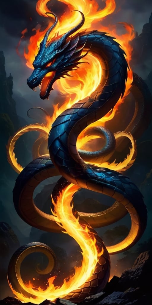 The Shadowflame Hydra A multi-headed serpent,  each head wreathed in shadowy flames,  its eyes glowing with an eerie light...