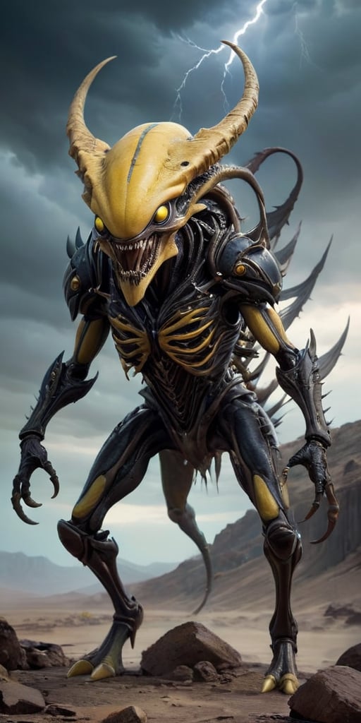 On a desolate,  windswept alien landscape,  a monstrous alien hybrid stalks its prey. Its body is covered in thick by Capt...