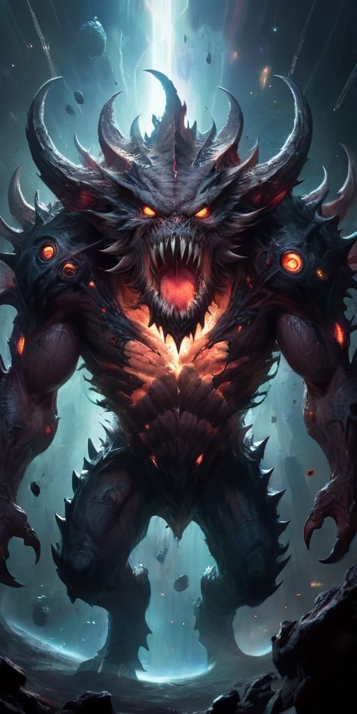 A massive,  multi-eyed behemoth with razor-sharp spines covering its body,  floating menacingly in the vastness of space b...