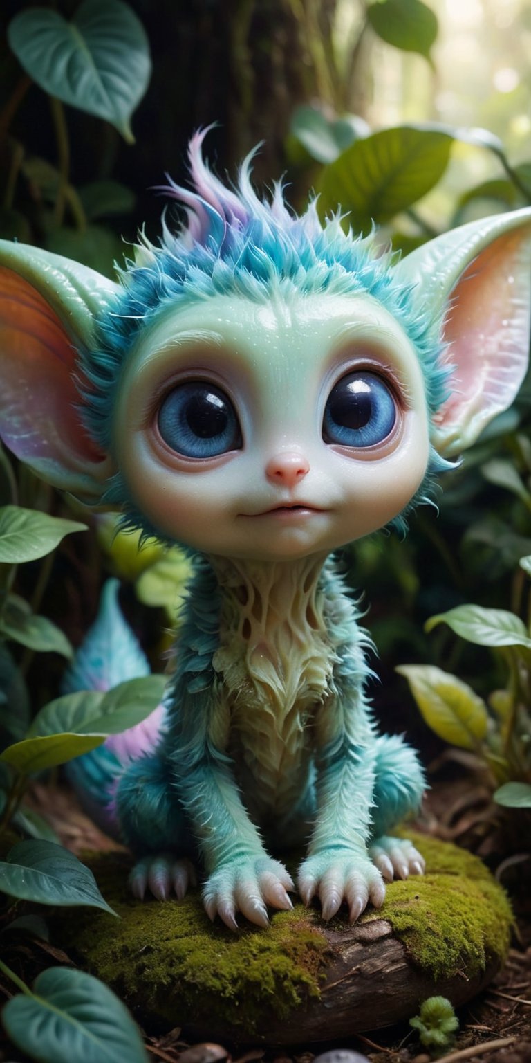 On a cozy bed of soft,  alien plants,  a baby alien with pastel-colored fur and large by Caption Master on Tensor.Art