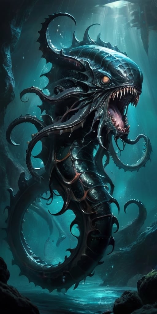 The Abyssal Leviathan Deep beneath the waves of a blackened sea,  where the waters teem with alien life forms,  swims a co...