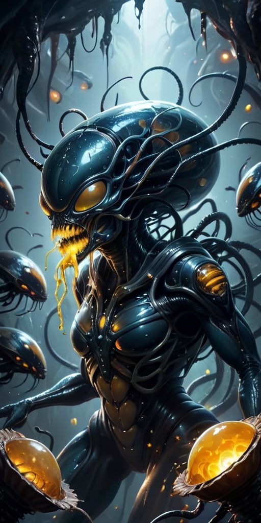 A hive mind of alien parasites that infects and controls its hosts. The parasites are slimy and grotesque,  with tendrils...
