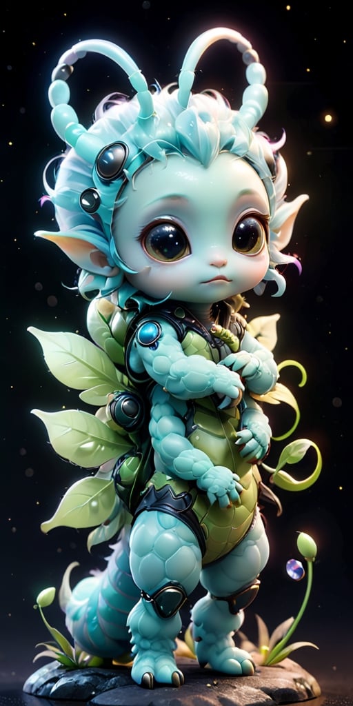 A baby alien with a furry,  caterpillar-like body and large,  soulful eyes that blink slowly. It has tiny by Caption Maste...