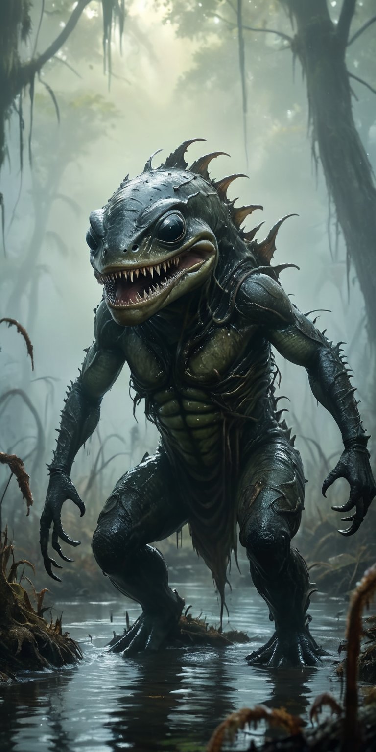A swamp shrouded in mist hides a horrifying encounter. A leech-like alien with rows of barbed teeth lunges at a monstrous...