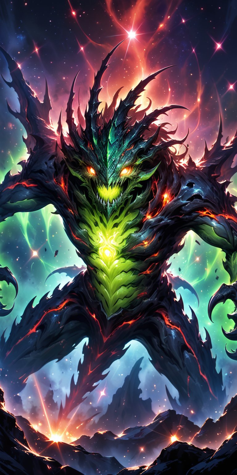 Alien Monster with Glowing Eyes:A terrifying alien monster with multiple eyes that glow neon green,  its sharp claws and j...