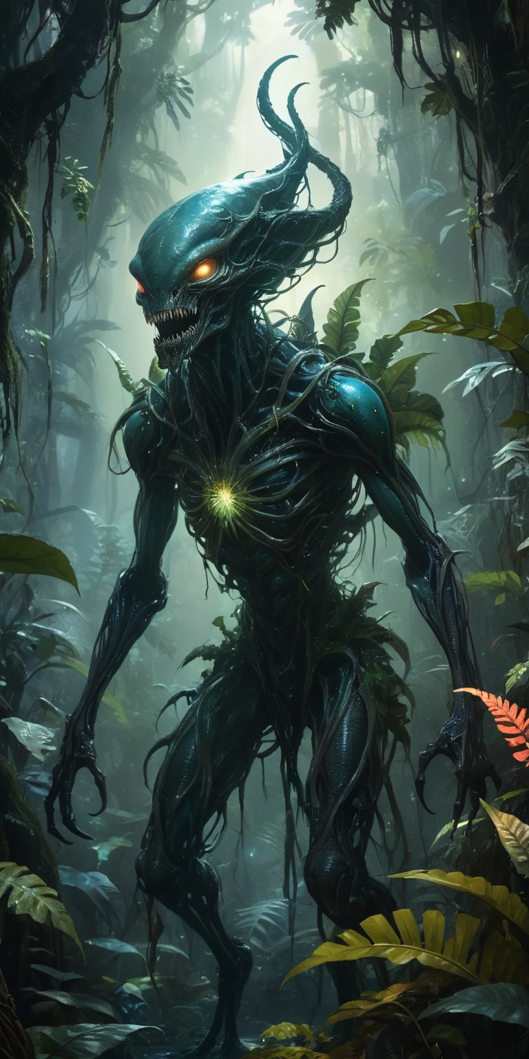 A grotesque alien being with gaping maw and spindly limbs stalks through a dense jungle,  its bioluminescent skin casting...