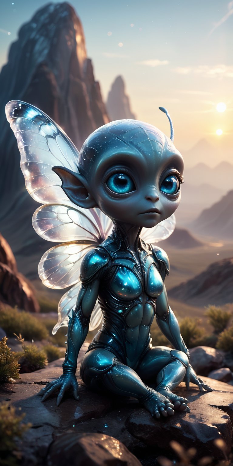 Sitting on a glowing,  crystalline ledge high above a vast alien landscape,  a baby alien with smooth by Caption Master on...