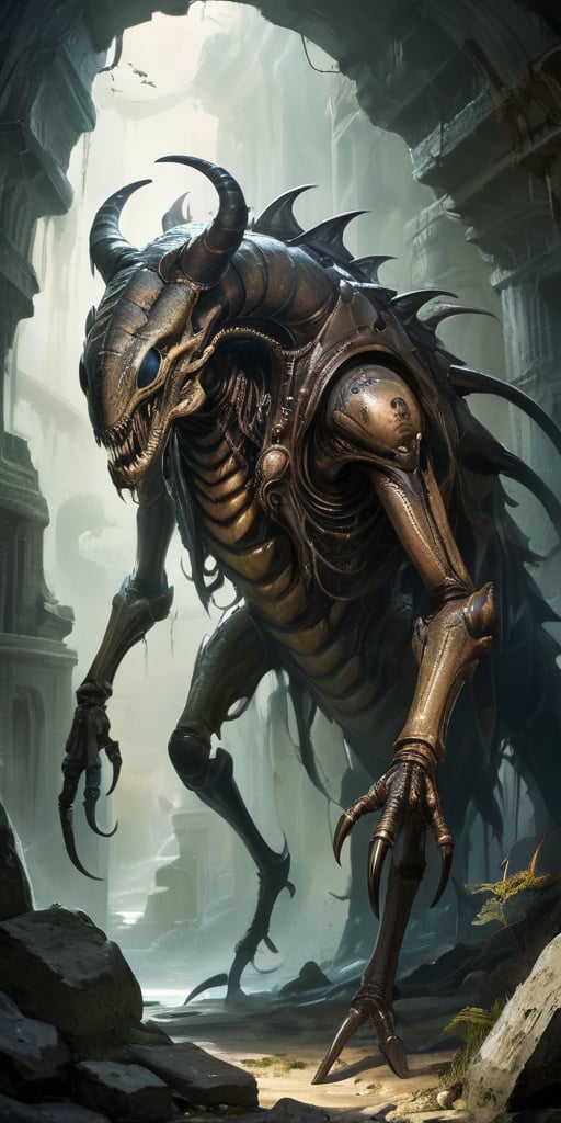 Roaming the ruins of an ancient,  alien city,  a monstrous creature with a centipede-like body and humanoid torso moves wi...
