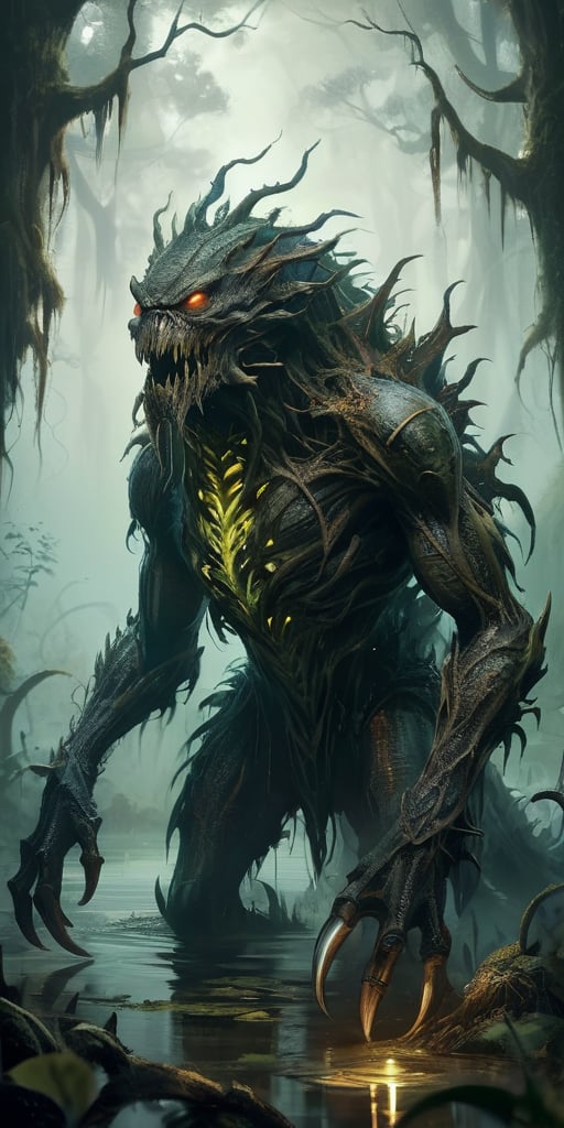 Vicious Swamp Beast A monstrous creature emerging from the murky depths of a swamp. Its body is covered in dark,  slimy sc...