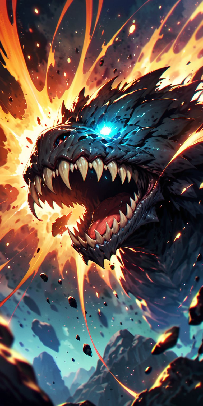Meteor Maw:A monstrous alien creature with a gaping maw filled with sharp teeth,  emerging from within a cluster of meteor...