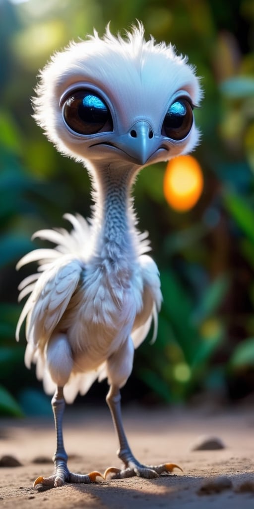 A baby alien with soft,  downy feathers that cover its body. It has a long,  slender neck and a small by Caption Master on...