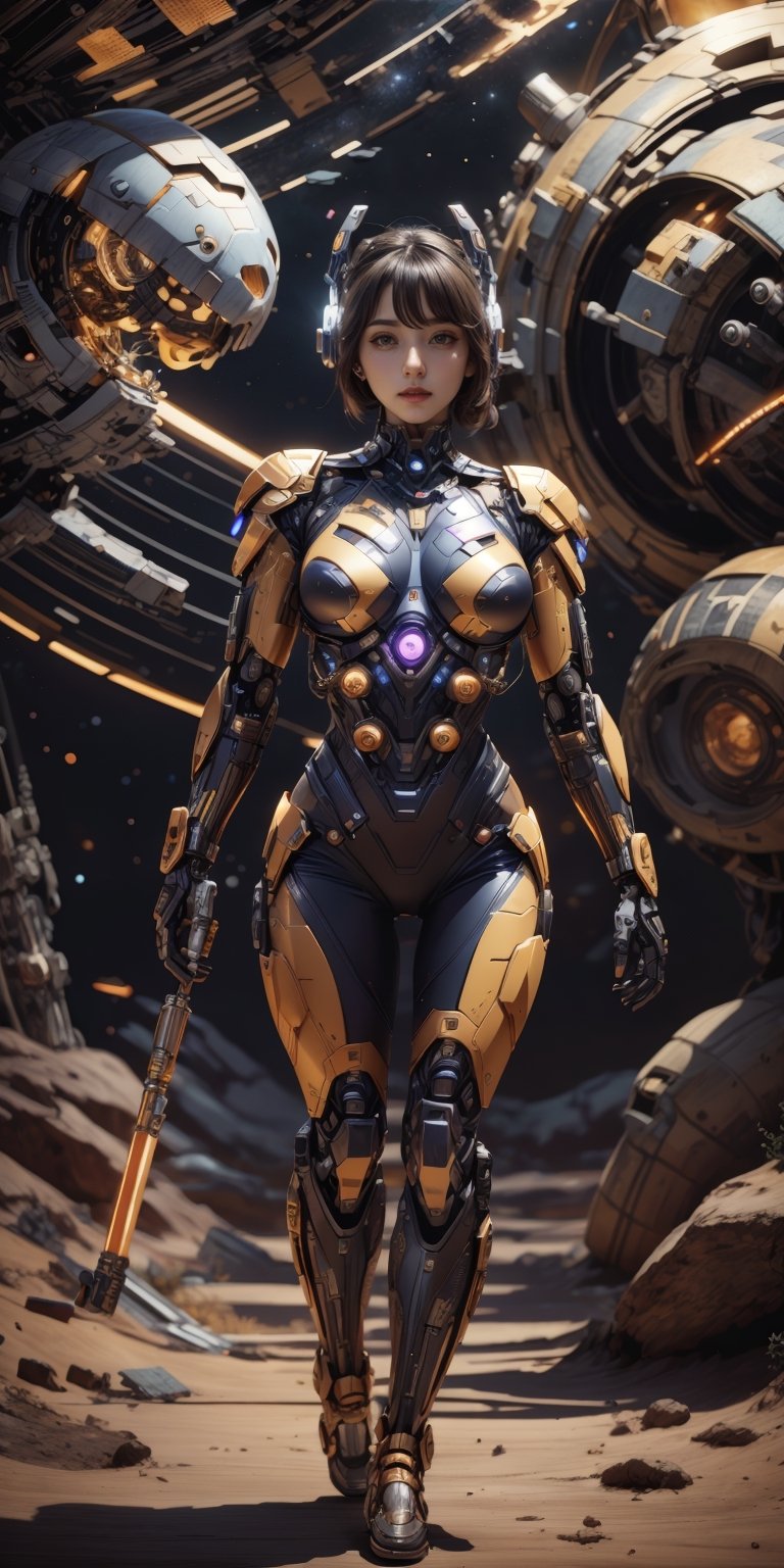 A lone cyborg,  her mechanical limbs gleaming in the starlight,  explores a desolate alien world. by Caption Master on Ten...