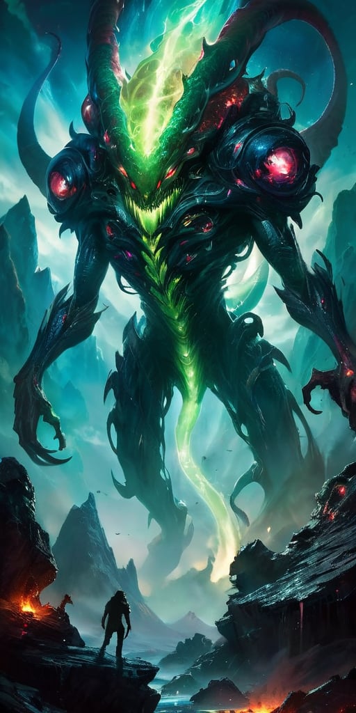 Create an image of a dangerous alien monster in space,  towering over a desolate alien landscape with dark,  armored scale...