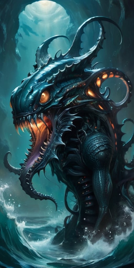 The Abyssal Leviathan Deep beneath the waves of a blackened sea,  where the waters teem with alien life forms,  swims a co...