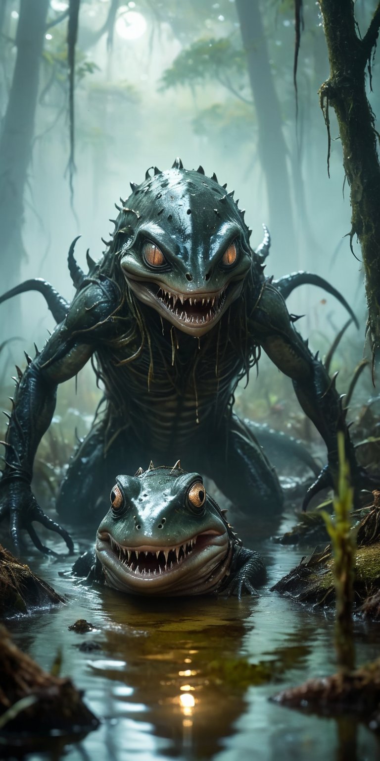 A swamp shrouded in mist hides a horrifying encounter. A leech-like alien with rows of barbed teeth lunges at a monstrous...