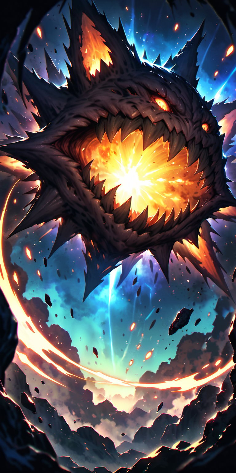 Meteor Maw:A monstrous alien creature with a gaping maw filled with sharp teeth,  emerging from within a cluster of meteor...