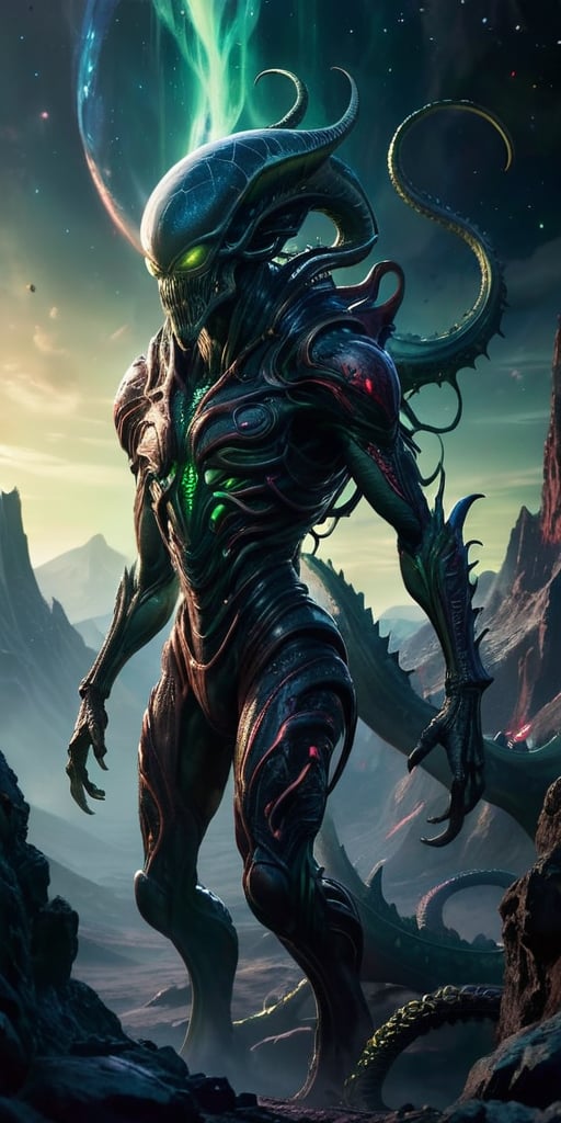 Create an image of a dangerous alien monster in space,  towering over a desolate alien landscape with dark,  armored scale...