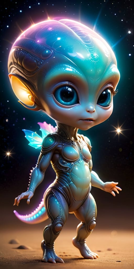A baby alien with a body that is composed entirely of light. It emits a soft,  gentle glow that illuminates its surroundin...