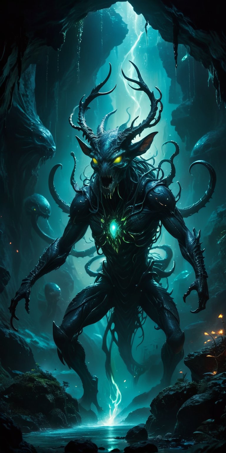 Deep within a bioluminescent cavern,  a serpentine alien with glowing eyes battles a grotesque stag with pulsating alien g...