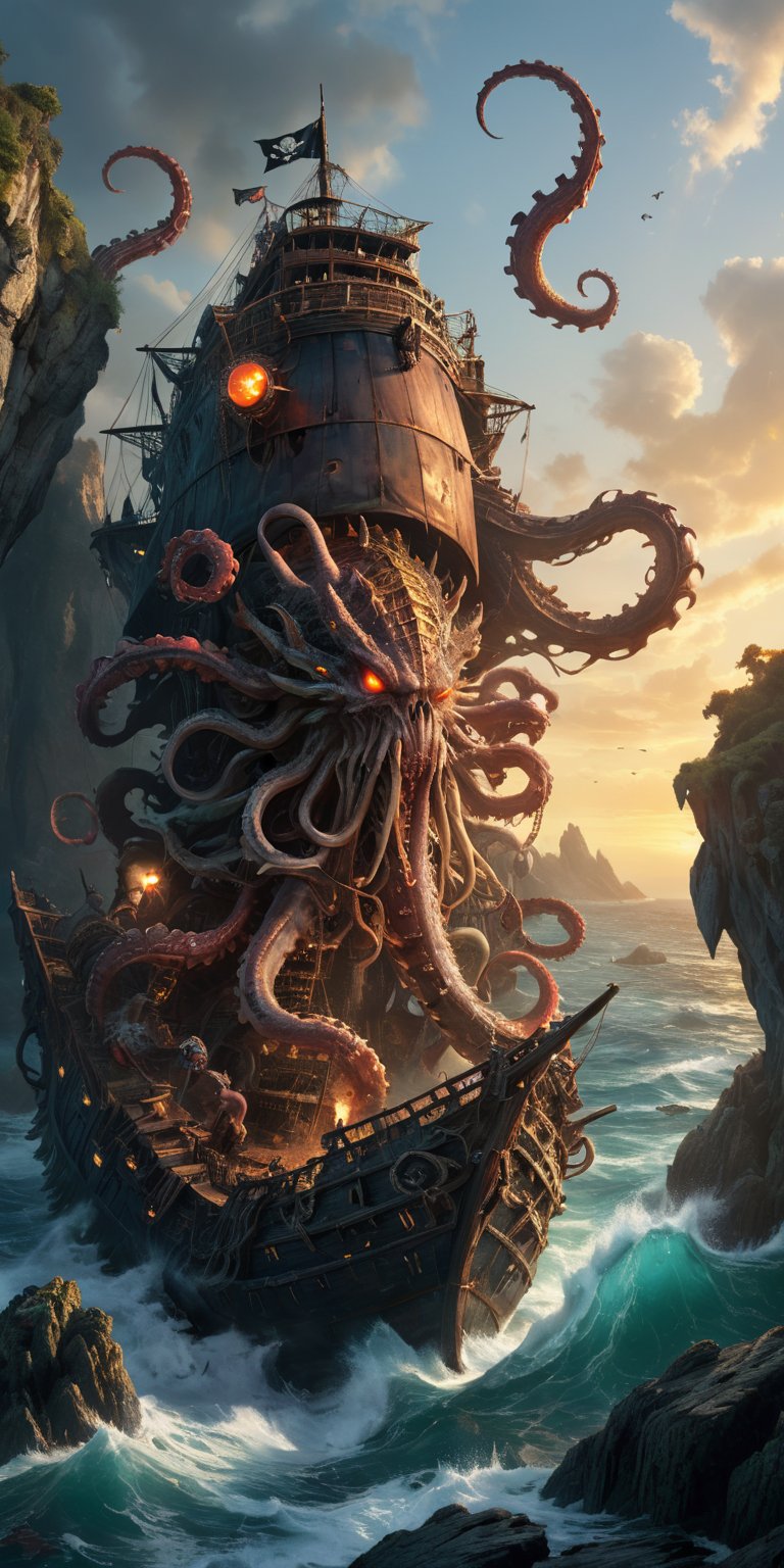 A decaying pirate ship,  perched precariously on a rocky cliff,  becomes a battleground. A barnacle-encrusted alien with g...