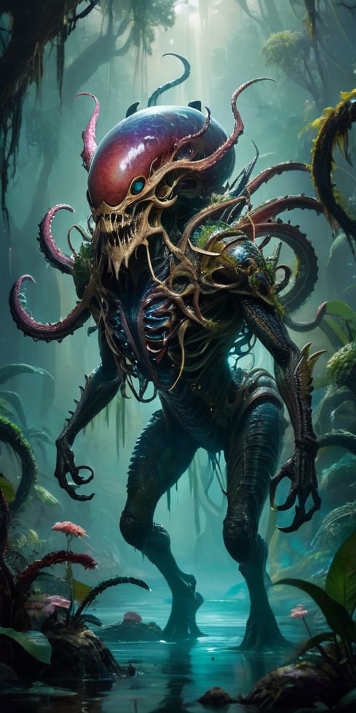 A colossal alien-monster hybrid rises from a bubbling,  toxic swamp on an alien planet. Its body is covered in thick,  arm...