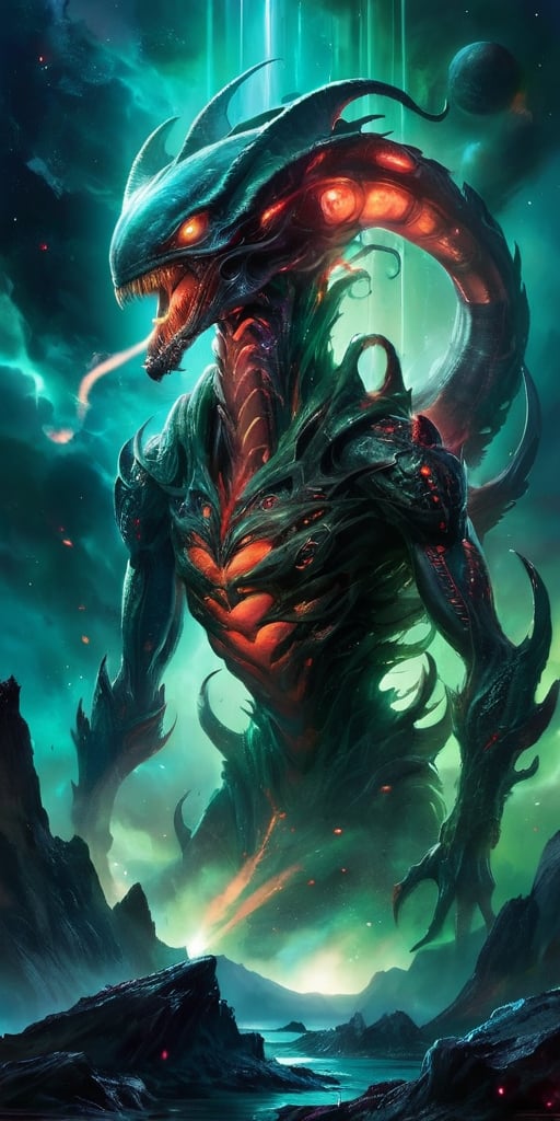 Create an image of a dangerous alien monster in space,  towering over a desolate alien landscape with dark,  armored scale...