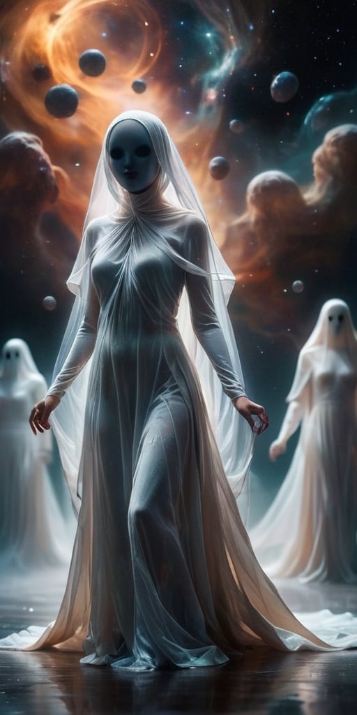 A group of ethereal,  ghost-like entities,  drifting aimlessly through space by Caption Master on Tensor.Art