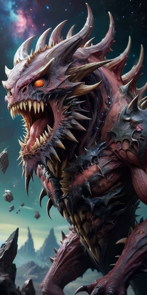 A massive,  multi-eyed behemoth with razor-sharp spines covering its body,  floating menacingly in the vastness of space b...
