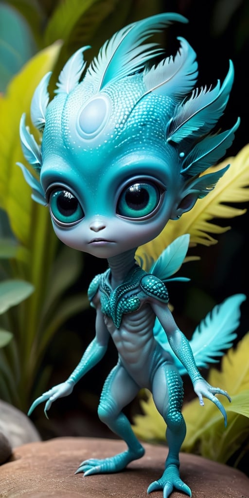 An alien infant with a body that is covered in tiny,  feather-like scales that rustle softly in the breeze. It has large,...