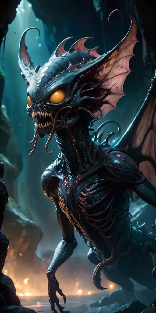 In the depths of a dark,  cavernous alien world,  a monstrous alien hybrid slithers through the shadows. Its body is a gro...