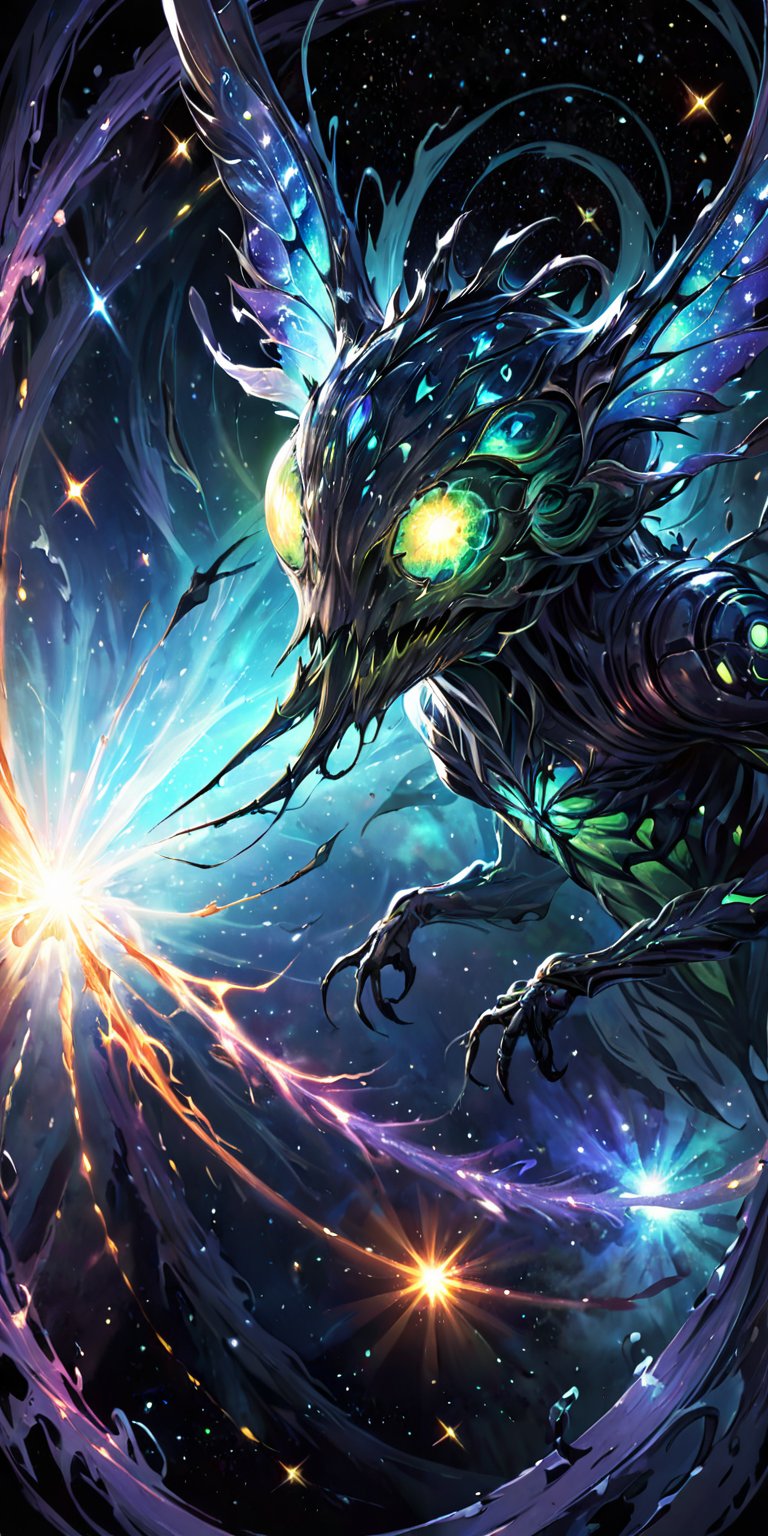Cosmic Terror:A monstrous alien entity with an insect-like body and luminescent patterns across its exoskeleton. It's posi...