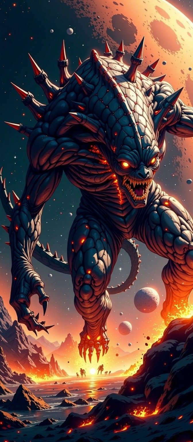 A terrifying alien beast with a warped,  jagged body and molten lava veins coursing through it,  emerging from a volcanic...