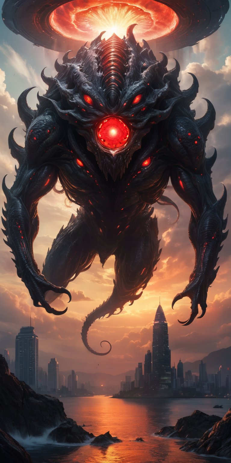 A colossal,  serpentine alien creature with glowing red eyes and a hide covered in barnacle-like growths emerges from a po...