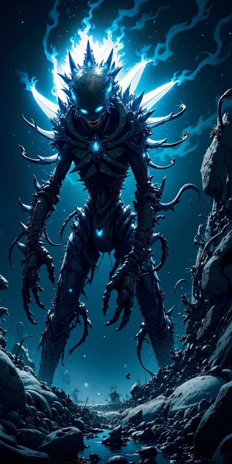A biomechanical alien-monster hybrid,  covered in sharp exoskeletons and glowing with an eerie blue light,  slithering thr...