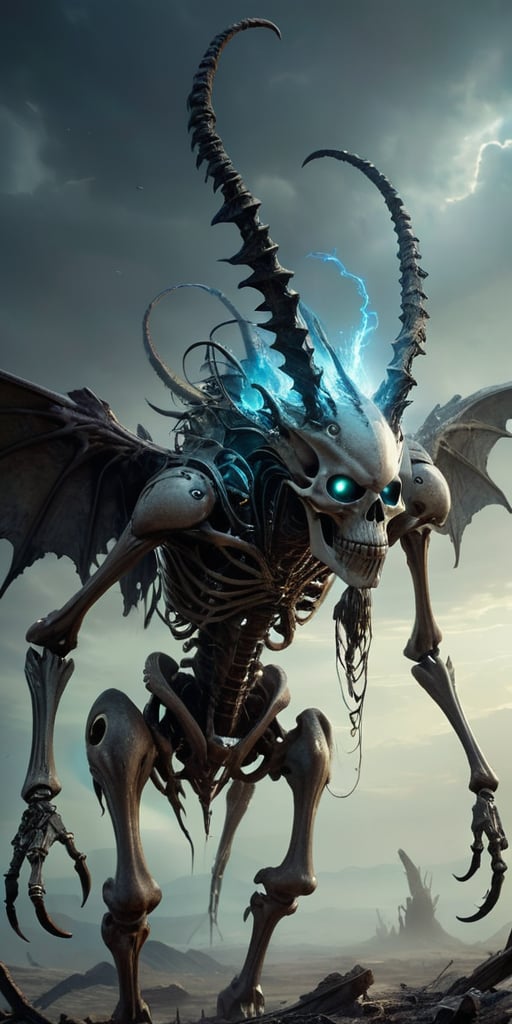 Roaming the barren,  ash-covered wasteland of a post-apocalyptic world,  a towering alien abomination with skeletal wings...