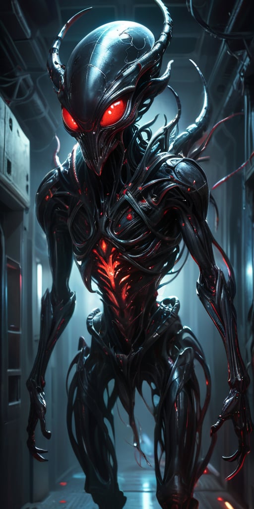 Lurking in the dark,  twisted corridors of an abandoned alien spaceship,  a terrifying creature with a sleek by Caption Ma...