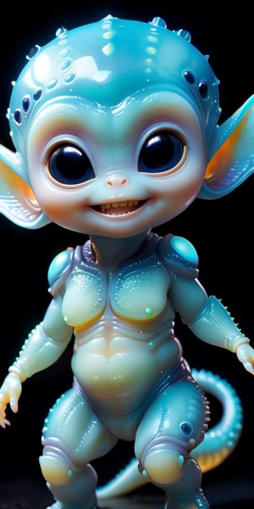 An alien infant with skin that is covered in tiny,  bioluminescent spots that glow softly in the dark. It has a round,  ch...