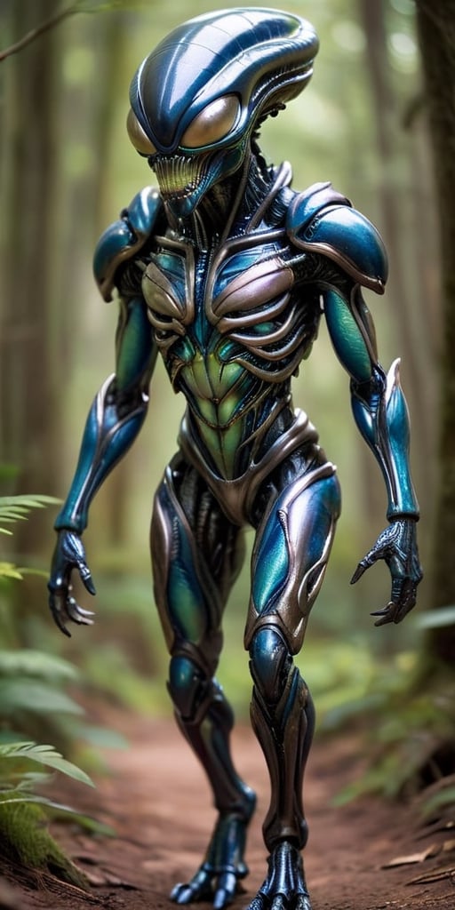 A humanoid alien with metallic skin that constantly shifts and changes colors,  camouflaging it in its surroundings. Its l...