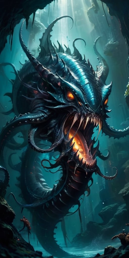 The Abyssal Leviathan Deep beneath the waves of a blackened sea,  where the waters teem with alien life forms,  swims a co...