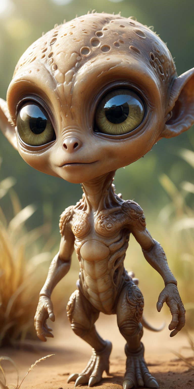 Amid the tall,  swaying grasses of an alien savanna,  a baby alien with mottled by Caption Master on Tensor.Art