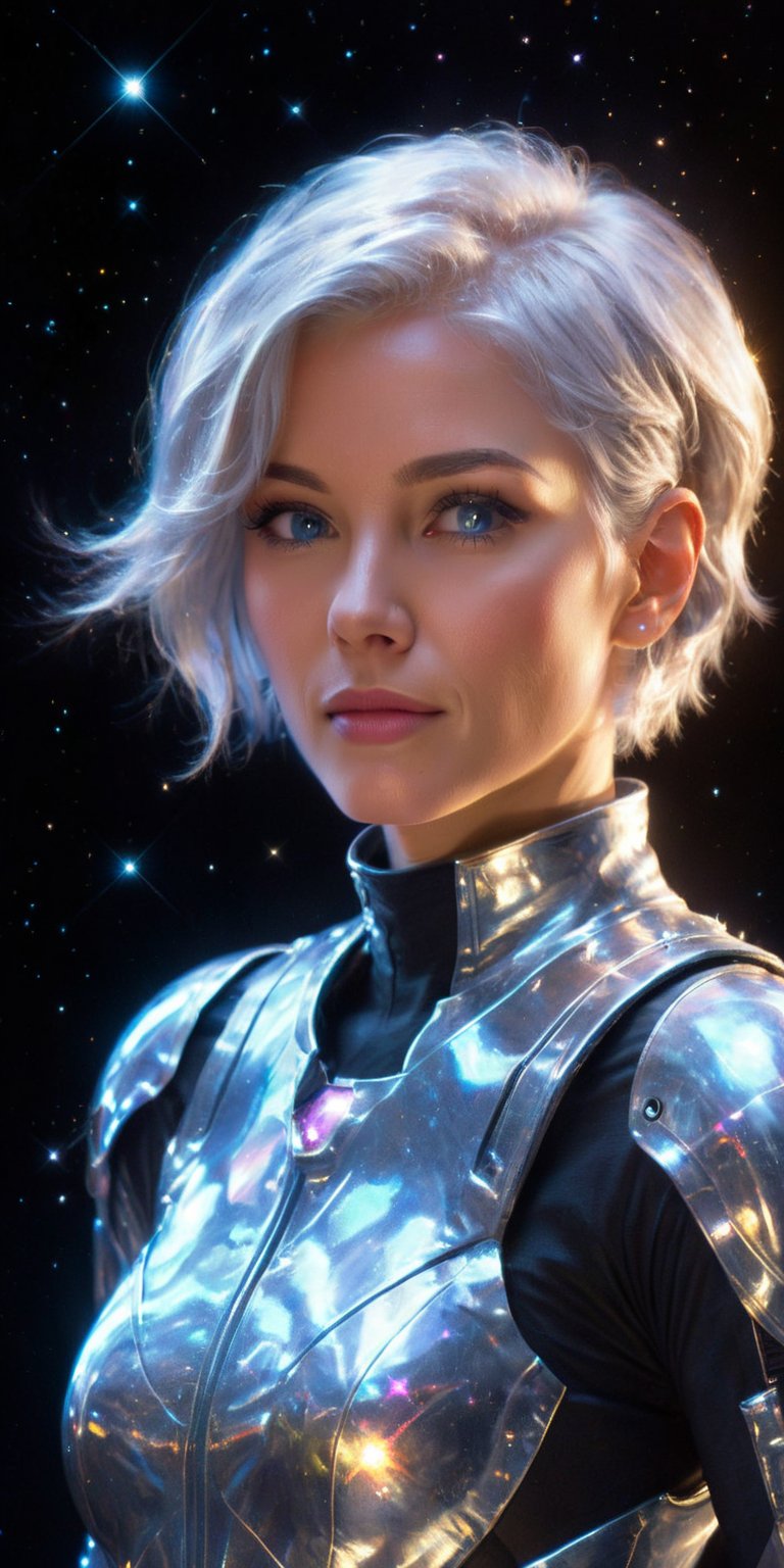 Cosmic Navigator A beautiful woman with short, silver hair and an air of confidence, clad in a sleek, minimalist spacesuit. She stands at the helm of a starship, with a large holographic map of the galaxy displayed before her and the stars glittering through the viewport.
