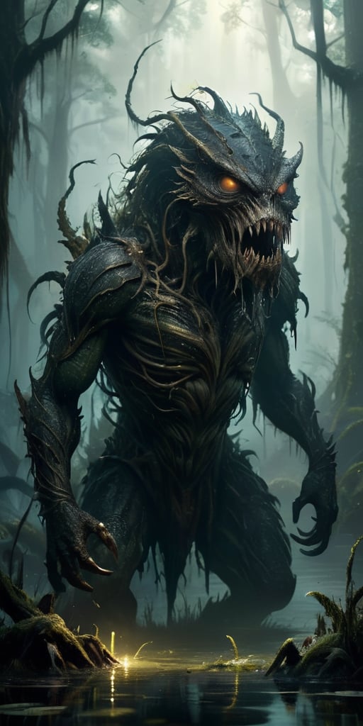 Vicious Swamp Beast A monstrous creature emerging from the murky depths of a swamp. Its body is covered in dark,  slimy sc...