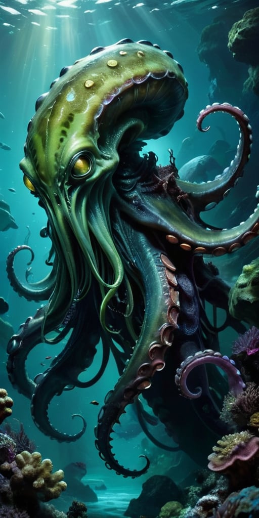 Abyssal Monstrosity A creature with the body of an octopus and the head of a predatory dinosaur,  with tentacles that end...