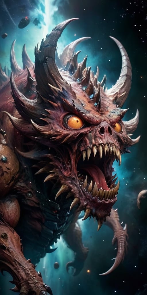 A massive,  multi-eyed behemoth with razor-sharp spines covering its body,  floating menacingly in the vastness of space b...