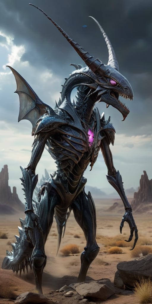 On a barren,  rocky alien planet,  a nightmarish hybrid creature prowls through a field of jagged by Caption Master on Ten...