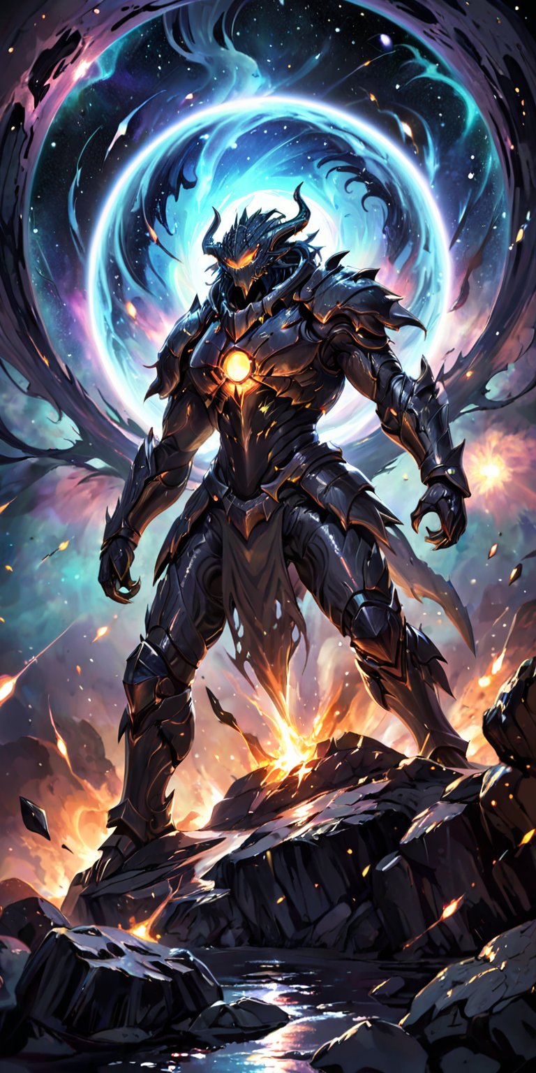 Alien Warlord:A fearsome alien warlord with armored plating and sharp,  clawed hands,  standing on a rocky outcrop in spac...