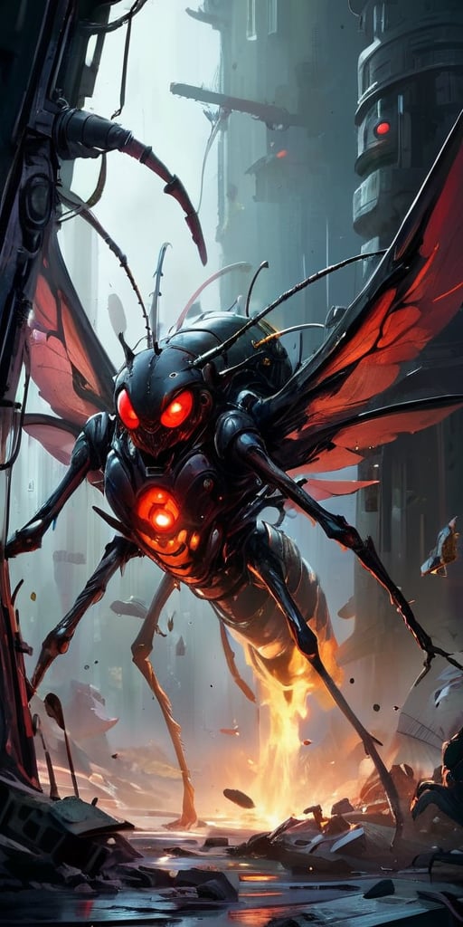 A swarm of insectoid creatures with chitinous exoskeletons and glowing red eyes buzz ominously around a derelict space sta...
