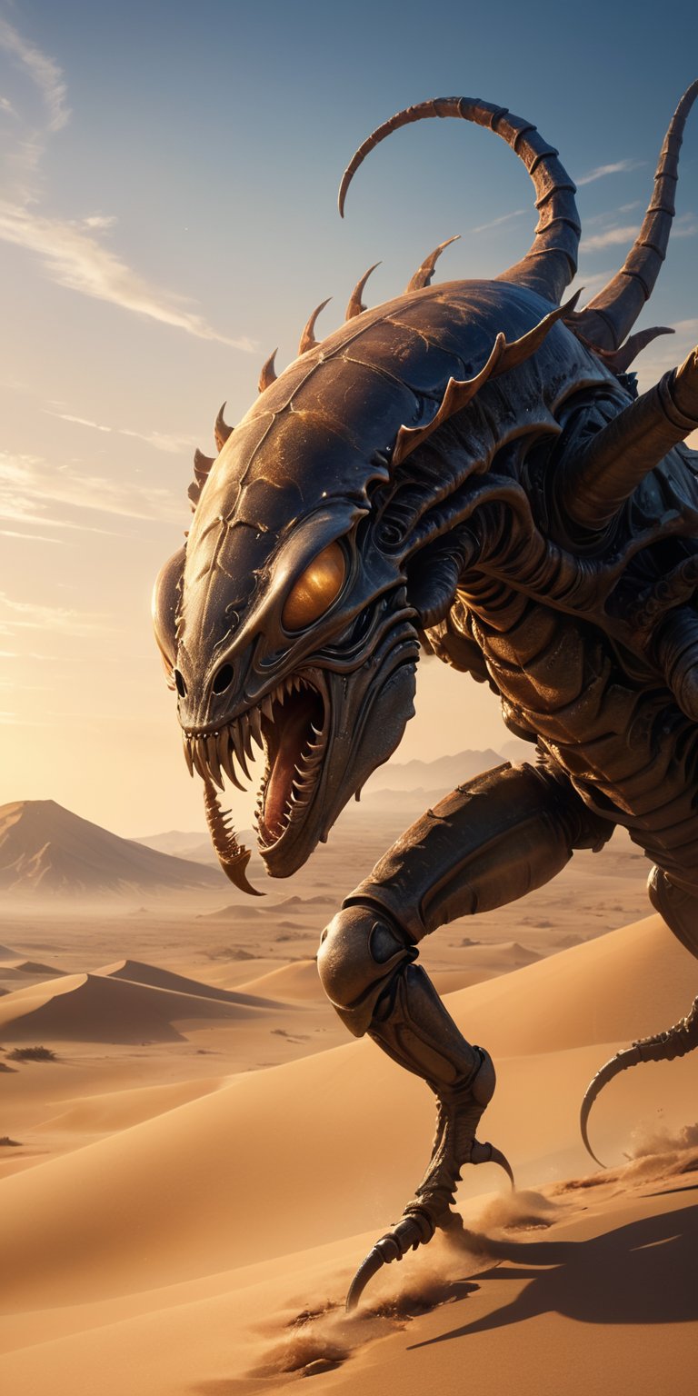 A desolate,  windswept desert stretches as far as the eye can see. A towering alien with sand-blasted carapace faces a mon...