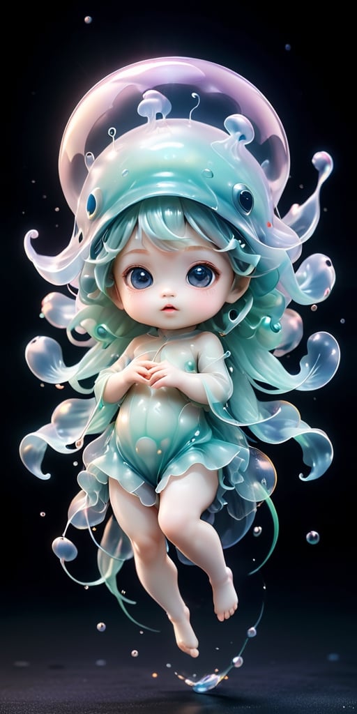 An alien infant with a soft,  translucent membrane that covers its body,  giving it a jellyfish-like appearance. It has ti...